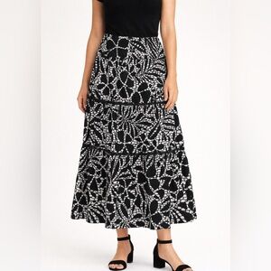 Black White Tiered Midi Skirt Flowy Cotton Summer Casual Size 8